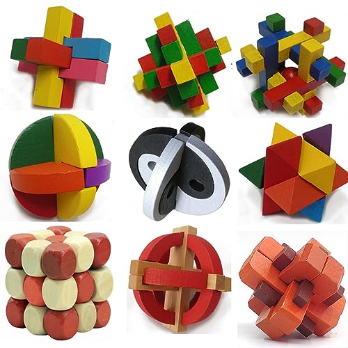 MINGZE 3D Holz Gehirn, 9-teilig, Teaser Puzzle Schlüsselschloss, Intelligenz Spielzeug Chinesisches Spiel 3D IQ Puzzle für Kinder Teens Erwachsene Fordern Sie Ihr logisches Denken und Dekoration Idee von MINGZE