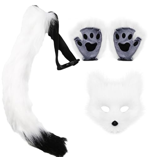 MINGZHE Fuchs-Therian-Maske und Schwanz-Set, Tiermaske, Pelzige Therian-Füchse-Maske, Katzenmaske für Maskerade, Plüschmaske, Flauschige Pfoten, Handschuhe, (Weiß) von MINGZHE