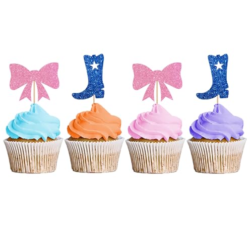 24 Stück Cupcake-Topper, Jungen- oder Gir-Fliege oder Stiefel, Cupcake-Dekoration, Stiefel, Lebensmittelspieße für Geschlechtsoffenbarung, Party, Kuchendekoration, Gold und Blau von MINUET MINUTE