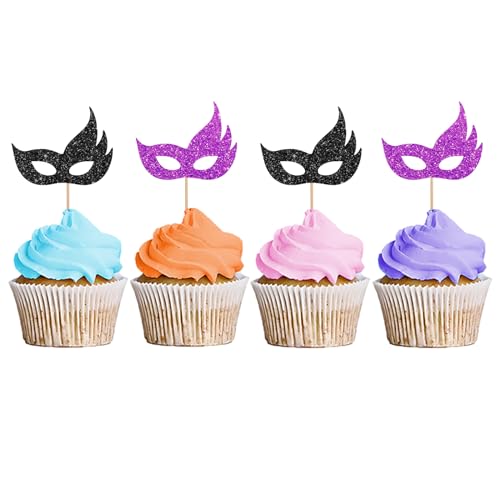 24 Stück Masken-Masken, Cupcake-Topper, Babyparty-Dekoration, Maskenball, Dessert-Picks, Maskerade, Karneval, Party-Dekoration, lila und schwarzer Glitzer von MINUET MINUTE