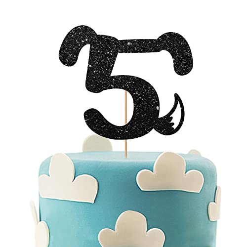 Dog Five Cake Topper, Nummer 5 Cake Topper for Baby, Dog Happy 5th Birthday Party Supplies, Pet Dog Five Years Old Party Decoration - Black Glitter von MINUET MINUTE