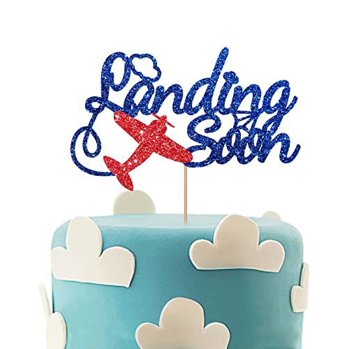 Landing Soon Cake Topper, Flugzeugschild Babyparty Kuchen Dekor, Schwangere Ankündigung Party Supplies, Baby Junge Geburtstag Party Dekoration - Blau & Rot Glitzer von MINUET MINUTE