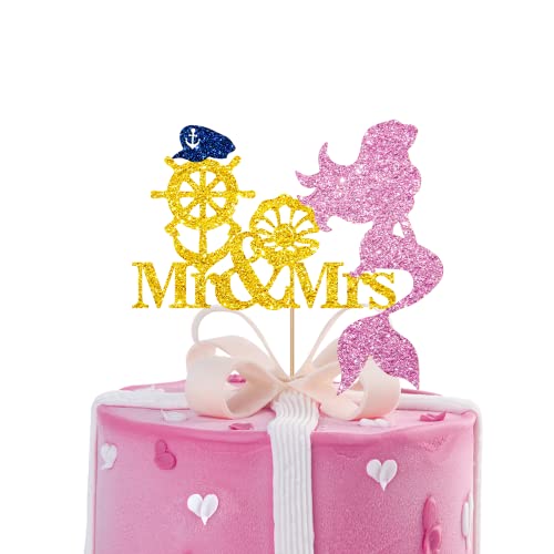 Meerjungfrau Mr & Mrs Kuchendekoration, Meerjungfrau Thema Hochzeit Kuchen Topper, Unter dem Meer Brautdusche Kuchen Dekor, nautische Verlobung Party Supplies Dekoration - Rosa & Gold Glitzer von MINUET MINUTE