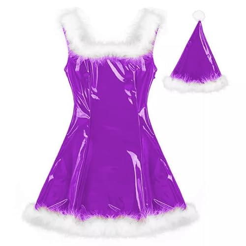 MINUSE 22 Farben Damen Weihnachtsmann Glänzendes Minikleid Ärmelloses PVC-Kleid Sexy Cosplay Kostüm Weihnachtsuniform Mit Hut,Lila,L von MINUSE