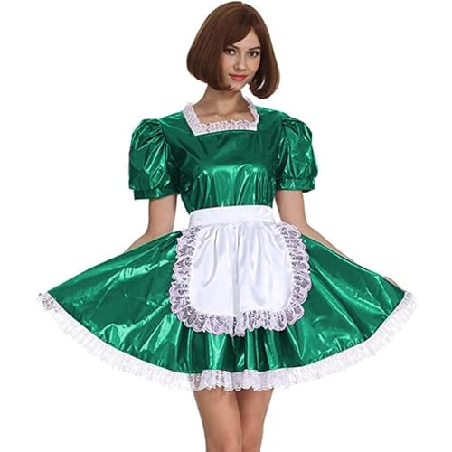MINUSE Frauen PVC Maid Cosplay Kostüm Kurzarm Retro Maid Lolita Kleid Französisch Outfit Mit Schürze,Grün,XXL von MINUSE
