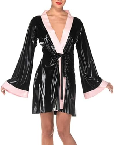 MINUSE Rosa Und Schwarze Sexy Latex-Robe Mit Schnür-Gummi-Nachtwäsche-Jacken-Oberteil-Kleid,Fotofarbe,XL von MINUSE