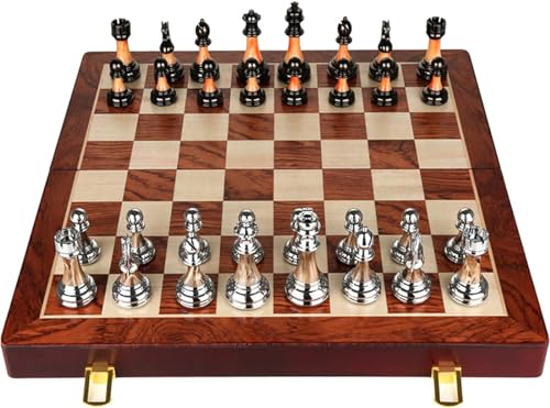 MIOBER Faltbares Schachspiel aus Metall, Schachfiguren und Schachbrett Faltbar aus Holz, tragbar, Reiseschachspiel, Geschenk von MIOBER