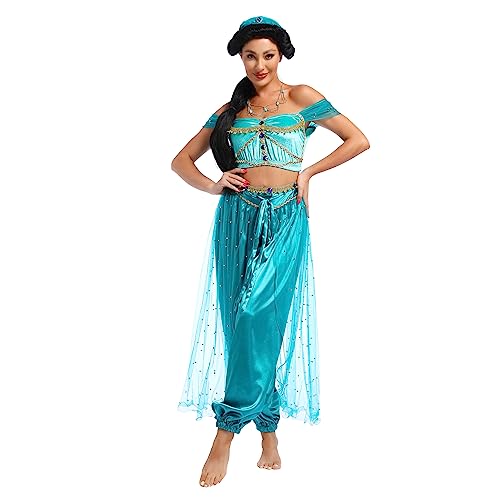 Bauchtanz Jasmin Kostüm - Aladdin Halloween Outfit Prinzessin Kostüme Blaugrün für Damen (L) von MISI CHAO