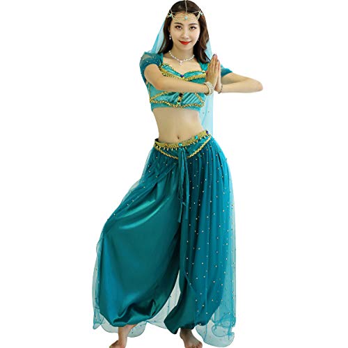 MISI CHAO Bauchtanzkostüm Jasmin, Aladdin, Halloween-Outfit, Prinzessinnenkostüm, blaugrün für Damen, Größe S von MISI CHAO