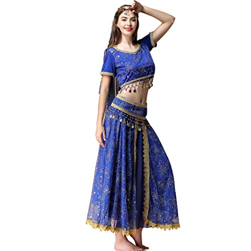 MISI CHAO Damen bauchtanz-kostüm bollywood kleid - chiffon indischer tanz-ausstattungs-halloween-kostüme mit kopf-schleier/mittel saphirblau von MISI CHAO