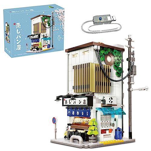 MISINI C66006W Technik Japanische Dampfbrötchen Haus mit Beleuchtungsset,Modulares Klemmbausteine MOC Haus Bauspielzeug,1108/pcs Groß Streetview Building Blocks von MISINI