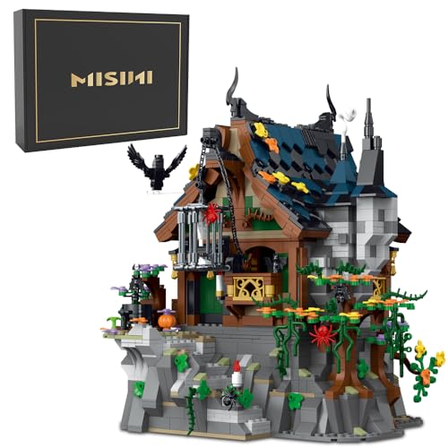 MISINI 033011 Mittelalterlicher Bausteine Haus Bausatz, Mittelalterliches Hexenhaus Architecture Modellbausatz für Erwachsene und Jugen, Klemmbausteine Haus mit LED, 1964PCS MOC Modular Buildings Set von MISINI