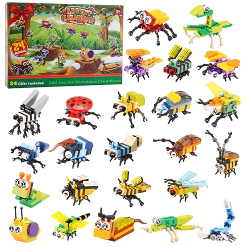 MISINI Tier Insekten Serie Mini Klemmbausteine Technik,MOC kreatives STEM Spielzeug Modellset Weihnachtsspielzeuggeschenke für Kinder und Mädchen,insgesamt 24 Insekten-Baustein Adventskalender 2024 von MISINI