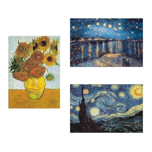 MISITU Kleinste Puzzle 150 Teile für Erwachsene Mini Puzzle Herausfordernde Van Gogh Gemälde Puzzles (Sonnenblumen, Sternennacht, Sternennacht über der Rhone), 3er-Pack von MISITU