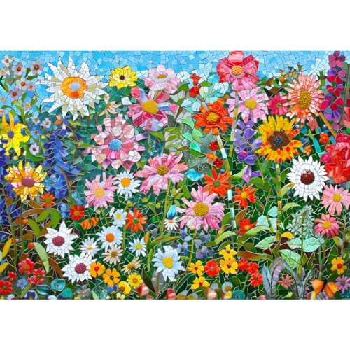 MISITU Buntglas-Blumenpuzzles für Erwachsene, 1000 Teile, herausfordernde Puzzles, Kunst-Puzzles, schwierige Familienpuzzles, unmögliche Puzzles, Mosaik-Gänseblümchen, 1000 Teile, Puzzles, 71,1 x 50,8 von MISITU