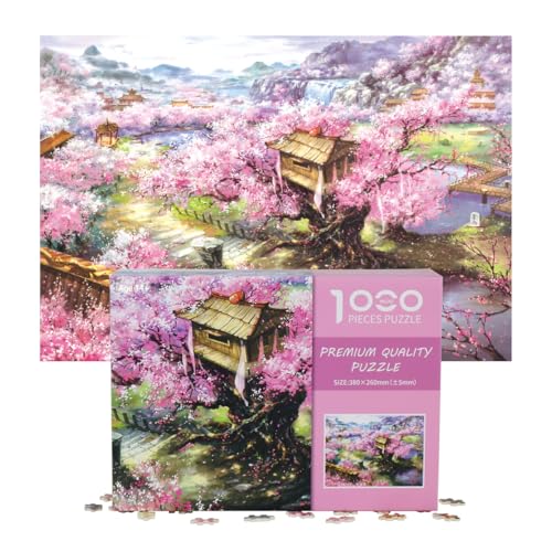 MISITU Mini Puzzles 1000 Teilige Puzzles für Erwachsene – Kirschblüten-Cotage – Super Anspruchsvolles Mini Puzzle 38 x 26 cm Heimdekoration von MISITU