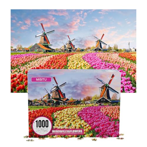 MISITU Mini Puzzles 1000 Teilige Puzzles für Erwachsene – Windmühle Blumenfeld– Super Anspruchsvolles Mini Puzzle 38 x 26 cm Heimdekoration von MISITU