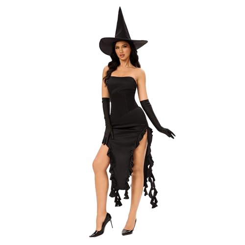 MISS FANTASY Hexenkostüm Damen - Halloween Kostüme Damen Schwarzes Hexenkleid Kostüm Outfit Erwachsene Hexenkostüm für Damen mit Hexenhut Schwarze Handschuhe Größe: S von MISS FANTASY