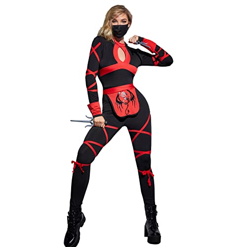 MISS FANTASY Ninja Kostüm Damen Rot und Schwarz Damen Ninja Kostüm Set mit Ninja Maske Ninja Sai 2 Stück Ninja Halloween Kostüm für Frauen M von MISS FANTASY