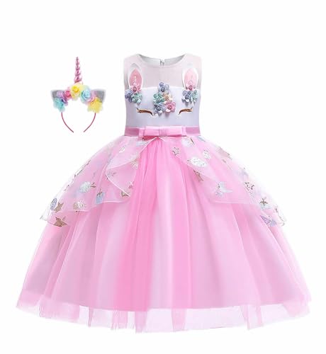 MISS & MR BM Prinzessin Einhorn Kostüm Set Mädchen - Einhorn Kleid Outfit & Haarreif Kinder für Geburtstage, Party, Karneval und Halloween, 4-5 Jahre von MISS & MR BM