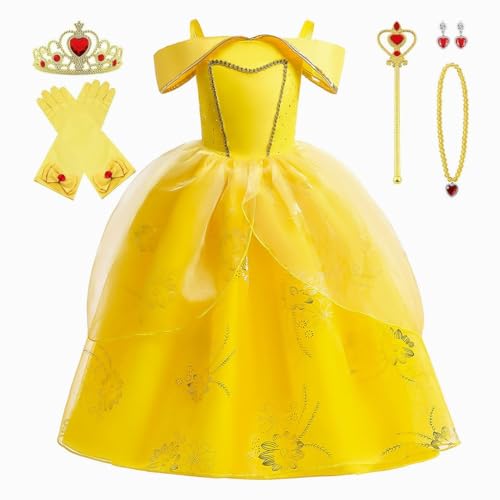 MISS & MR BM Prinzessin Kleid Mädchen - Belle Kostüm für Kinder - Faschingskostüme Mädchen Kleid für Geburtstage, Party, Karneval und Halloween (5-6 Jahre, 116 cm) von MISS & MR BM