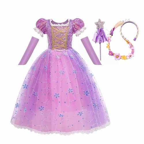 MISS & MR BM Rapunzel Kostüm für Kinder - Prinzessin Kleid Mädchen Prinzessin Kostüm mit Rapunzel Kleid Kostümperücke für Geburtstag Party Weihnachten Halloween Karneval, 7-8 Jahre von MISS & MR BM