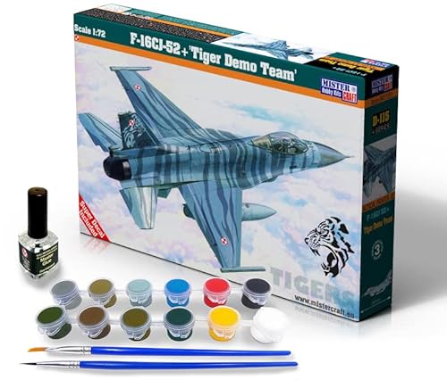 Mistercraft Modellbausatz F-16CJ-52 Tiger Demo Team Maßstab 1:72, Plastikbausatz, Bausatz zum Zusammenbauen, Inklusive Klebstoff, Kunststoffmodell, Bauanleitung, Set mit Farben, 208.0mmx140.0mm von MISTER CRAFT HOBBY KITS