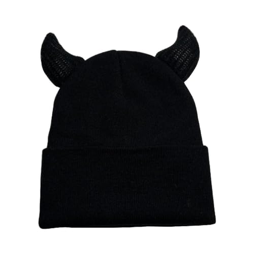 MISUVRSE Horn Teufel Hut Frauen Halloween Gestrickte Bunte Bild Requisiten Y2K-GIRL Hut Mit Gehäkelten Engel Horn Teufel Ohr Beanie, Schwarz von MISUVRSE