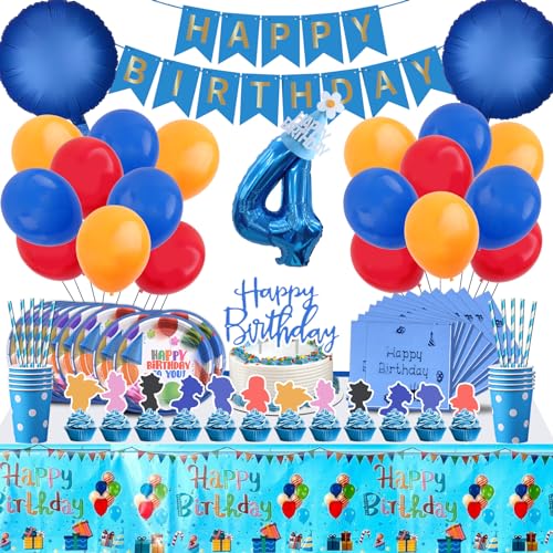5 jahre Geburtstag Party Set, Geburtstag Luftballons, Geburtstagsdeko 100-teiliges Partygeschirr Kindergeburtstag - Pappteller, Tischdecke, Servietten, Pappbecher, Tortendeko, Luftballons,Folienballon von MIUNUO