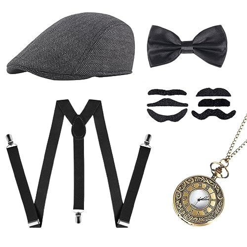 MIVAIUN 1920s Jahre Herren Accessoires,1920s Gatsby Mafia Gangster Kostüm Set, Schwarz 20er Herren Zubehör Gatsby Flapper Kostüm Zubehör Set für Herren für Karneval Maskerade, Einheitsgröße (Set B) von MIVAIUN