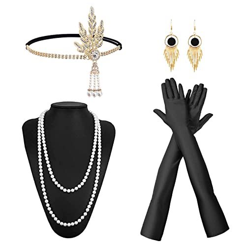 MIVAIUN 20er Jahre Accessoires, 1920s Kostüm Damen Flapper Accessoires Set, Flapper Great Gatsby Accessoires, Retro Stil Kopfschmuck, 1920s Langen Handschuhen, 20er Jahre Kostüm Damen (5 Stück) von MIVAIUN