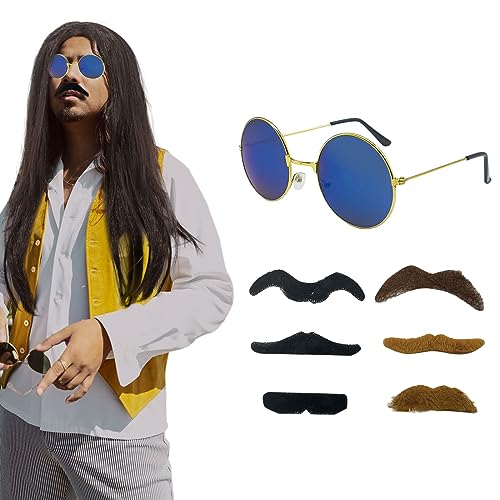 MIVAIUN 3 Stück Hippie Perücken Set 70er/80er Jahre Herren Hippie Perücke Braun Disco Kostümzubehör Lange Gerade Perücke Brille Bart Rock Kostümzubehör für Mottoparty Rave Halloween (Braun) von MIVAIUN