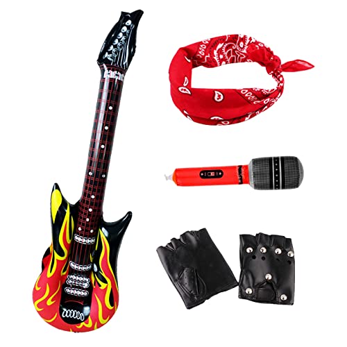 MIVAIUN 4 Stück 90er Jahre Rocker Kit Punk Gothic Rocker Kit 70er 80er 90er Jahre Schwermetall Disco Kostüm, Aufblasbare Rockstargitarre mit Flammen, Handschuhe, Bandanas, Karneval von MIVAIUN