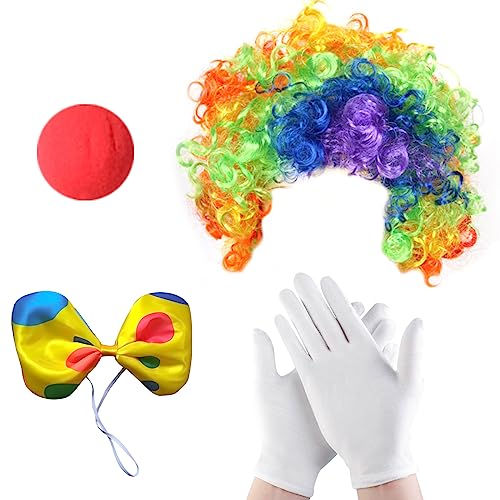 MIVAIUN 4 Stück Clown Kostüm Set Clown Kostüm Accessoire für Erwachsene Kinder Regenbogen Clown Perücke Clownsnasen Rot Weiße Handschuhe Clown Fliege Clown Verkleidung für Party Cosplay(4 Stück) von MIVAIUN