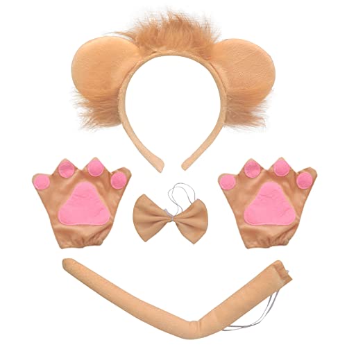 MIVAIUN 4 Stück Löwe Kostüm Set,Löwe Kostüm Cosplay Set,Löwen Stirnband Schwanz Fliege Handschuhe Set,Dschungel Party Deko Set,Maskerade Requisiten für Kinder Party Maskerade Kindergeburtstag(Orange) von MIVAIUN