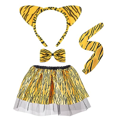 MIVAIUN 4 Stück Tiger Kostüm Tierkostüm Tiger Ohr Stirnband Schwanz Fliege Tutu Tiger Verkleidung Zubehör Dschungel Party für Mädchen Halloween Faschingskostüm Kinder Karneval Cosplay Party (Tiger) von MIVAIUN