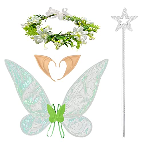 MIVAIUN 4 Pcs Grün Feenflügel Erwachsene Fairy Wings für Adult Feenflügel Feenstab Blume Stirnband Elfenohren Feenflügel für Halloween Thema Party Geburtstag Weihnachten für Frauen Kinder (Grün) von MIVAIUN