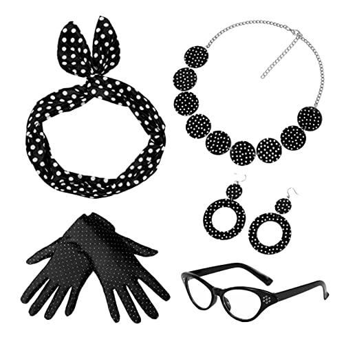 MIVAIUN 5 Stück 50er Jahre Rockabilly Kostüm Accessoires Damen 1950s Zubehör Set 1950s Kostüm Ohrringe Halskette Polka Dot Stirnband Katzen Auge Brille, Sixties Damenkostüm Motoparty (5 Stück) von MIVAIUN