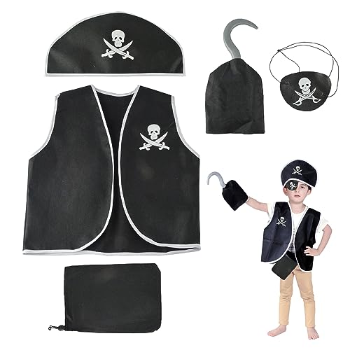 MIVAIUN 5 Stück Kinder Piraten Kostüm Set Piraten Verkleidung Piraten Zubehör Piratenhut Weste Geldbeutel Augenklappe Haken Piratenkostüm Zubehör für Halloween Piraten Mottoparty Cosplay(5 Stück) von MIVAIUN