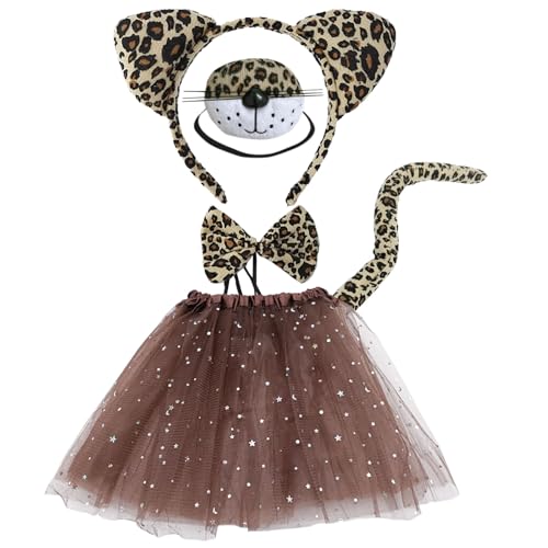 MIVAIUN 5 Stück Leoparden Kostüm Stirnband mit Leopardenmuster, Nase Fliege Schwanz Sternrock Tierkostüm Set,Zubehör für Kostüme Leoparden für Cosplay Halloween Bühnenauftritt (Braun) von MIVAIUN