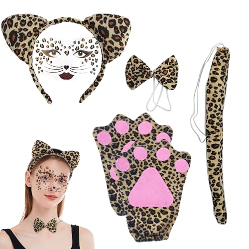 MIVAIUN 5 Stück Leoparden Kostüm Zubehör,Leopard Tiere Cosplay Set,leopard ohren haarreif Ohren Handschuhe mit Leopardenmuster Tattoo,für Kinder und Erwachsene,Kostümzubehör, Weihnachtstag (Braun) von MIVAIUN