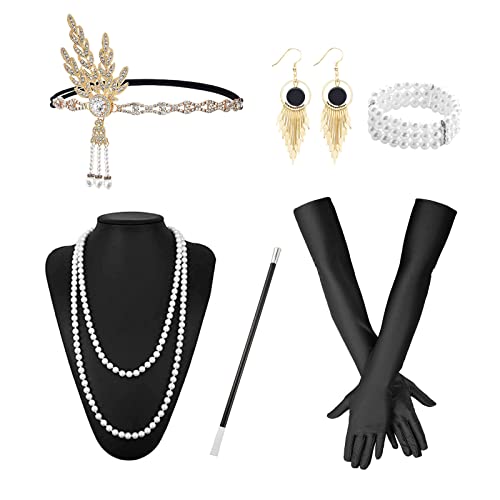 MIVAIUN 6 Stück 20er Jahre Accessoires mit Stirnband Ohrringen Halskette Schwarze Handschuhen Handheld-Requisiten, Gatsby Kostüm Set Damen Flapper Set,1920er Accessoires Damen, Einheitsgröße (Set A) von MIVAIUN