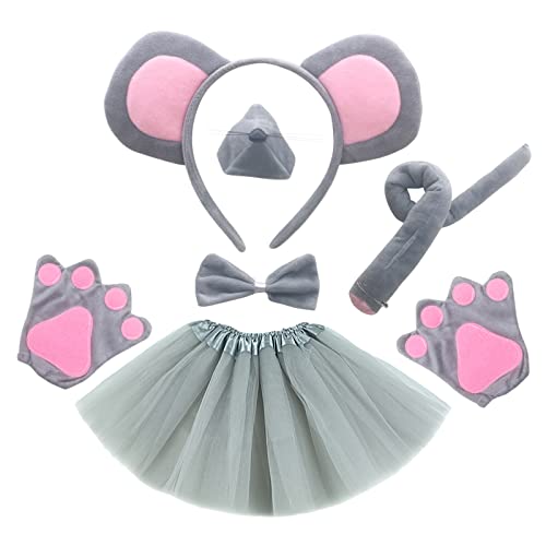 MIVAIUN 6 Stück Kinder Maus Kostüm Set Maus Ohren Stirnband Maus Nase Fliege Schwanz Handschuhe Tier Kostüm Zubehör Tutu Rock Set Halloween Party Cosplay Ausgefallenes Kostüm Zubehör(6 Stück) von MIVAIUN