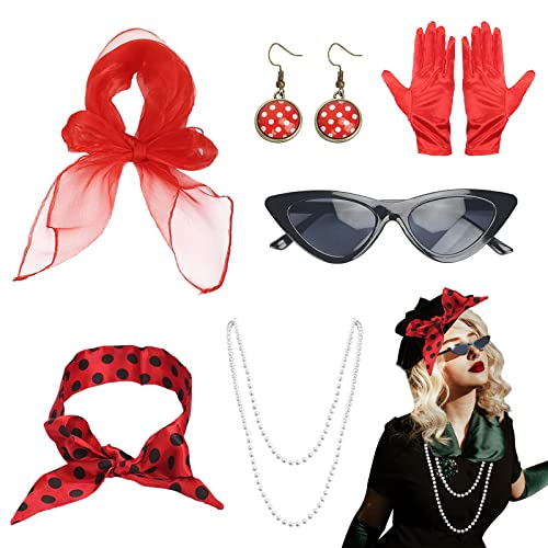 MIVAIUN 6 Stücke 50er Jahre Rockabilly Kostüm Accessoires Damen 1950s Zubehör Set, 50er Jahre Kostüm Zubehör Set,Polka Dots Bandana Haarband Handschuhe Sonnenbrille Chiffon Schal (6 Stücke) von MIVAIUN