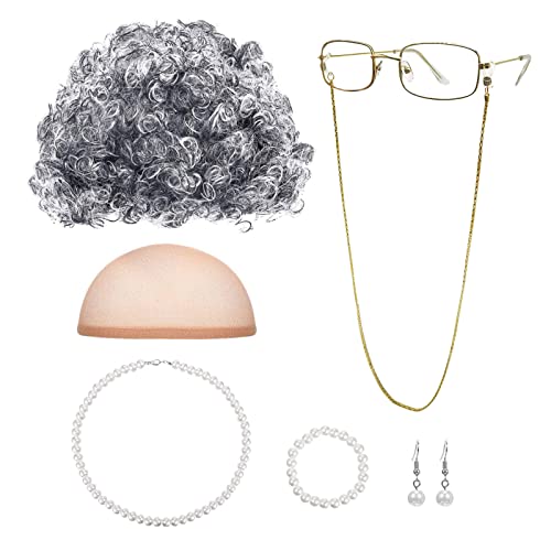 MIVAIUN 7 Teiliges Oma Perücke Kostüm Accessoire Set Großmutter Cosplay Zubehör Set, Graue Perücke, Oma Perücke, Perücke Kappe, Oma Brille mit Kette, Old Lady Kostüm Set, Einheitsgröße (7 Pcs) von MIVAIUN