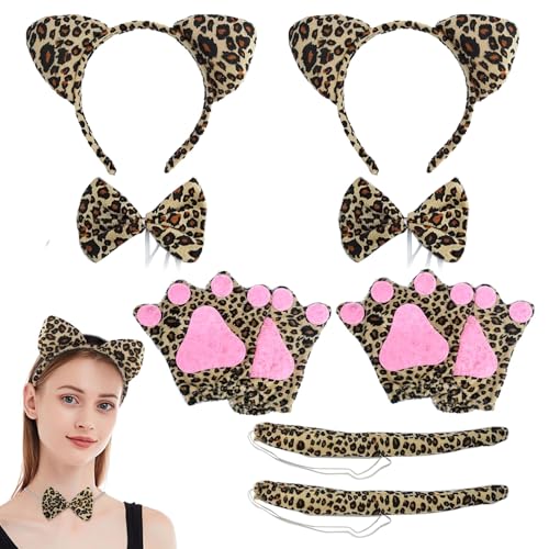 MIVAIUN 8 Stück Leopard Kostüm Set,Leopardenohren und Schwanz Fliege Handschuhe,Leoparden Kostüm Anziehset für Kinder Erwachsene Cosplay Karneval Kindertagsparty Weihnachtsfeier-Kostüm (8 Stück) von MIVAIUN