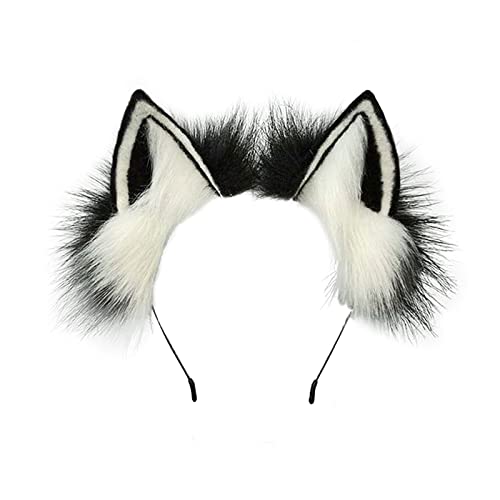 MIVAIUN Handgefertigtes Katzenohr Haarband Simuliertes katzenohren Stirnband Tierohren Haarband Fuchskostüm Kopfbedeckungszubehör für Halloween Thanksgiving Party Cosplay(Schwarz und Weiß) von MIVAIUN