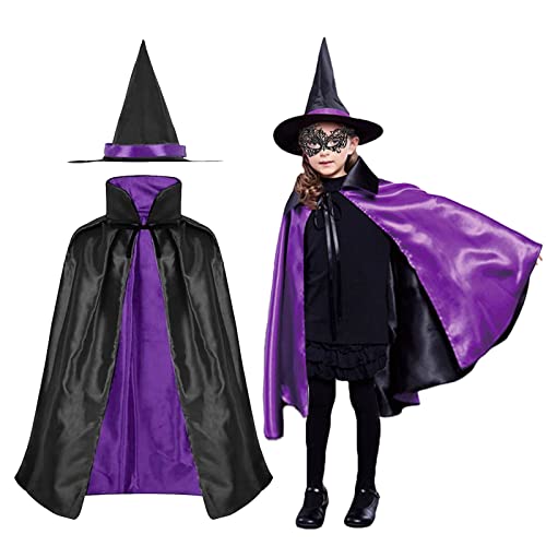 MIVAIUN Lila Umhang mit Hut Unisex, Cape und Zauberhut-Set, Kinder Halloween Kostüm, Hexe Kostüm, Zauberer Umhang für Damen Herren Kinder Erwachsene Vampir Kostüm Halloween Cosplay, 90 cm (Lila) von MIVAIUN