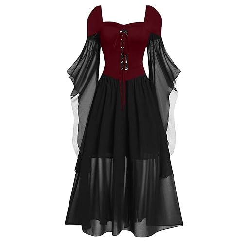 MJGkhiy Halloween Kostüm Gothic Damen Große Größen Elegant Mit Schnürung 80er Jahre Kleider Renaissance Kostüm Damen Lang Spitzen Festival Outfit Maxikleid Halloween Karneval Kostüm Für Frauen von MJGkhiy