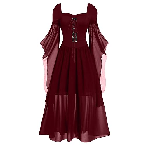 MJGkhiy Halloween Kostüm Gothic Damen Große Größen Retro Mit Schmetterlingsärmel 1950er Kleider Mittelalter Kleidung Damen Lang Elegant Hexenkleid Maxikleid Für Halloween Karneval Kostüm von MJGkhiy